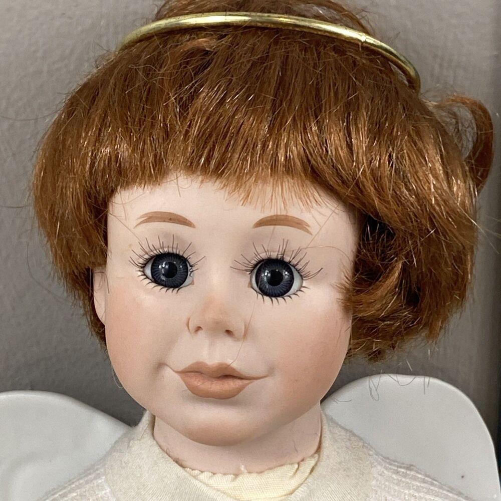16" Porcelain Angel with Red Hair Gold Tone Halo and Large Porcelain Wings